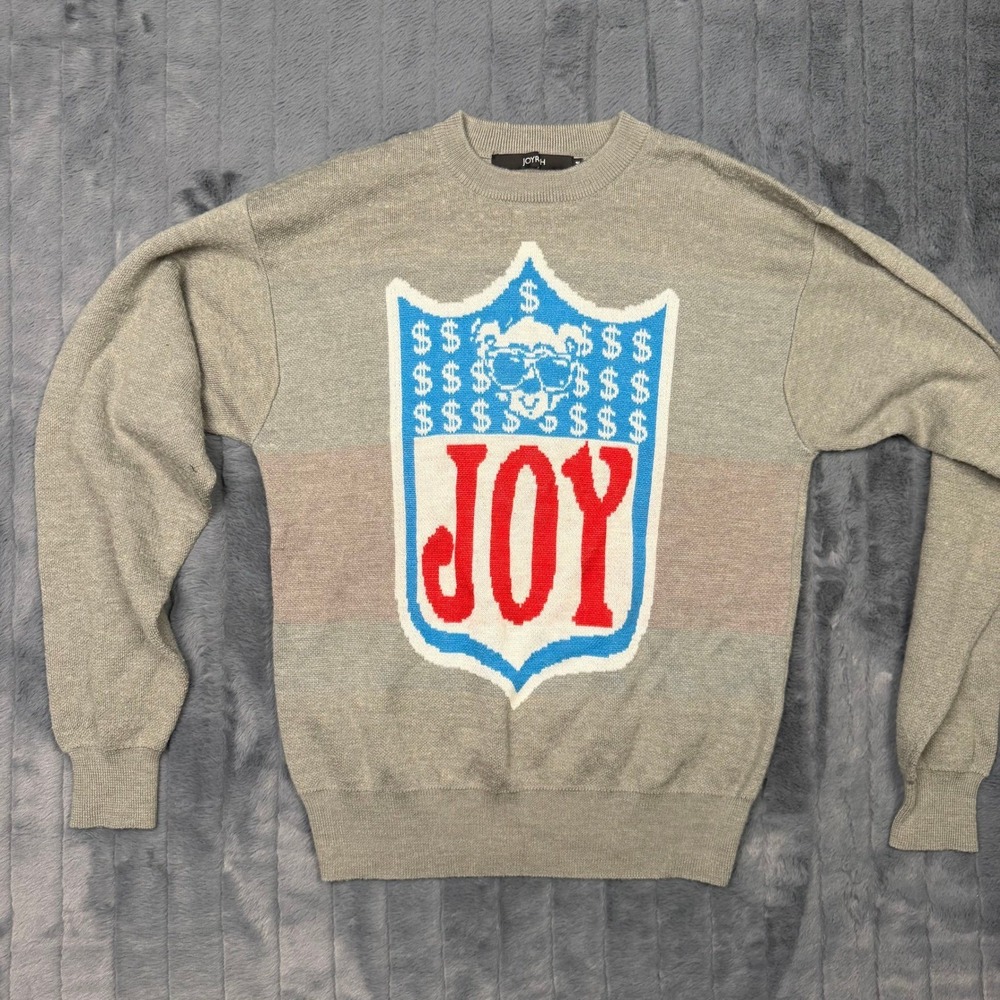 Joyrich Mens Gray Graphic Shield Logo Wool Blend Crewneck Sweater Size M